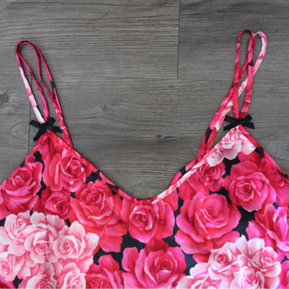 Vintage Y2K Rose Floral Print Pink Coquette Bow Lingerie Slip Dress - Picture 3 of 7